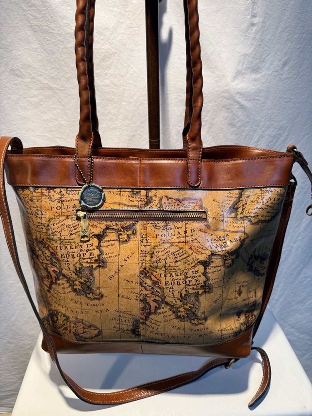 Patricia Nash Map Print Leather Tote in Tan and Brown